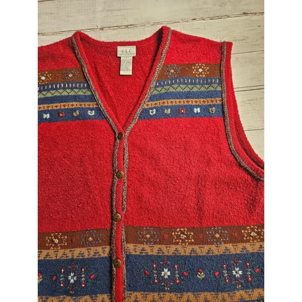 Cricket Lane Collection Red Fair Isle Knit Sweater Vest Wool Blend XL Vintage